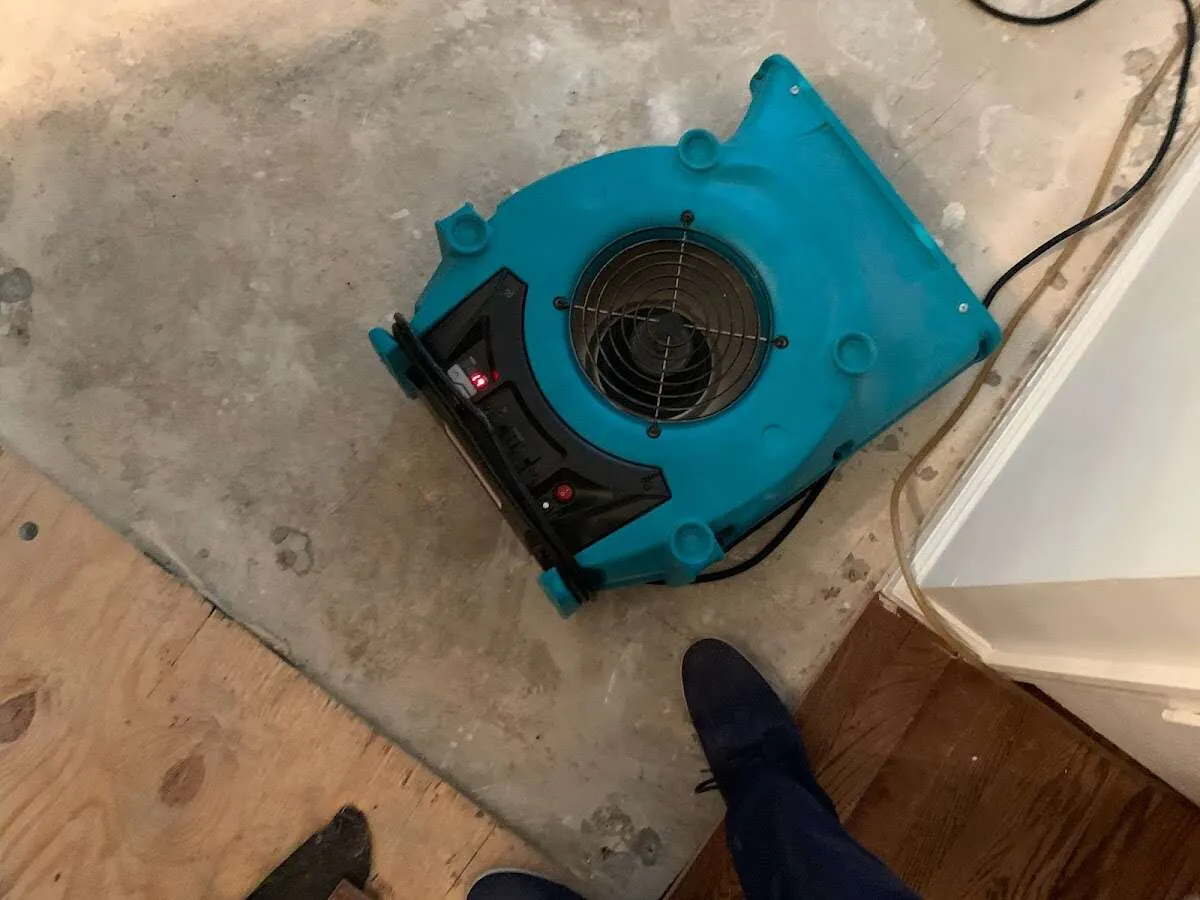 Air mover drying subfloor during Commercial Water Damage Restoration in Ramona